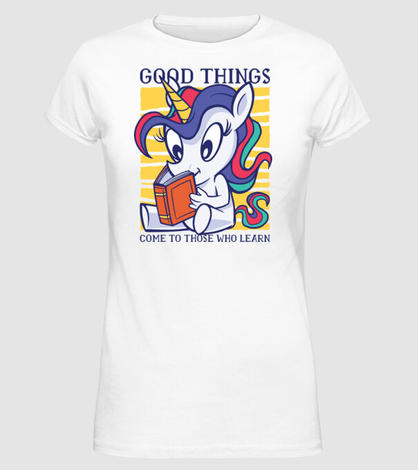 Student unicorn model alb pe tricou
