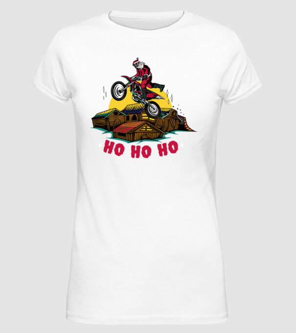 Moș Crăciun pe motocicletă Cross model alb pe tricou