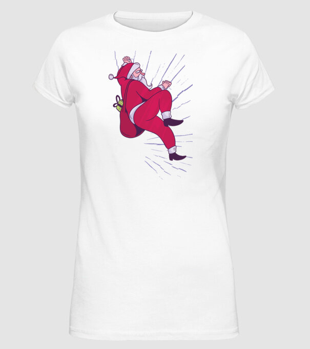Moș Crăciun se cațără cu cadouri - tricou Crăciun model alb pe tricou