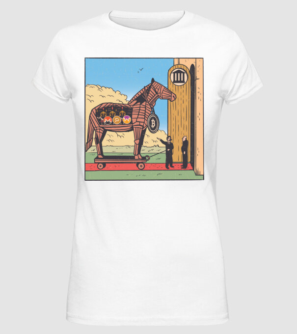 Cal troian Bitcoin model alb pe tricou