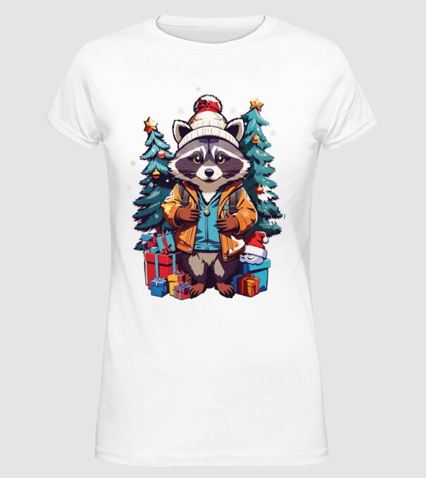 Crăciunul ratonilor model alb pe tricou