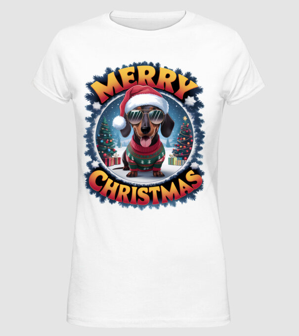 Merry Christmas Teckel model alb pe tricou