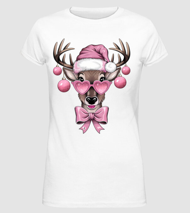 Pink Xmas Reindeer model alb pe tricou