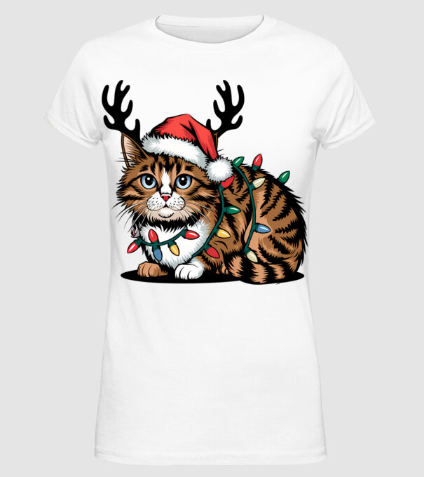Pisica de craciun model alb pe tricou