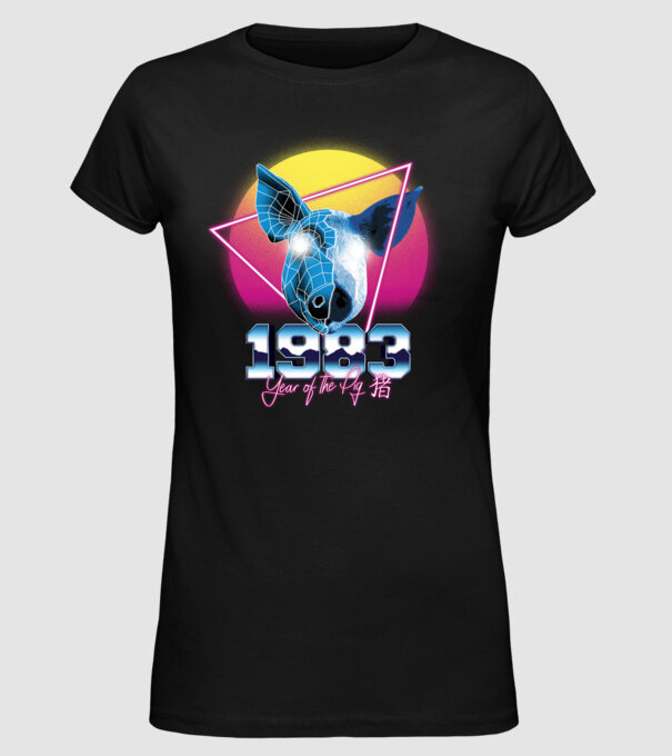 1983 Year of the Pig model negru pe tricou
