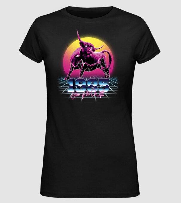 1985 Year of the Ox model negru pe tricou