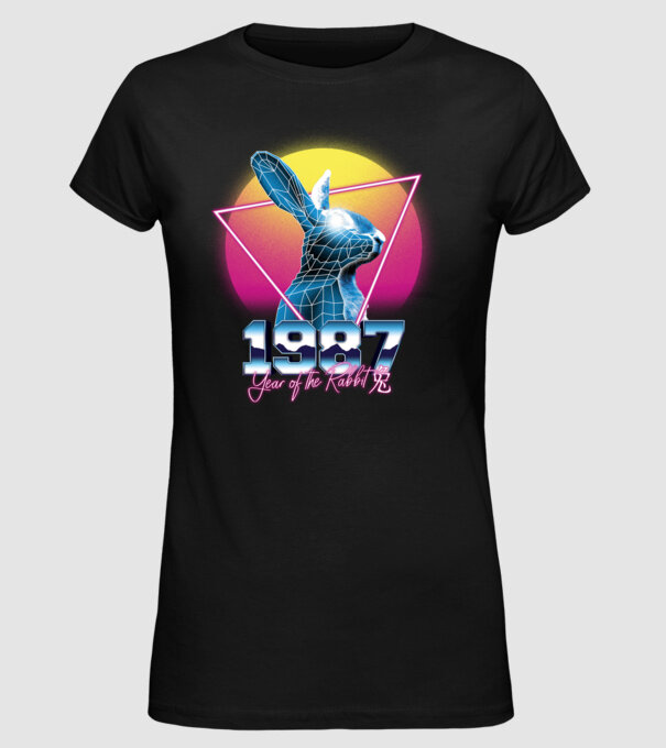 1987 Year of the Rabbit model negru pe tricou