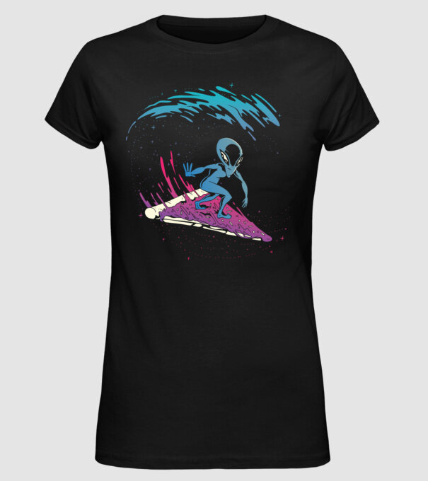 Alien Pizza Surf tricou amuzant model negru pe tricou