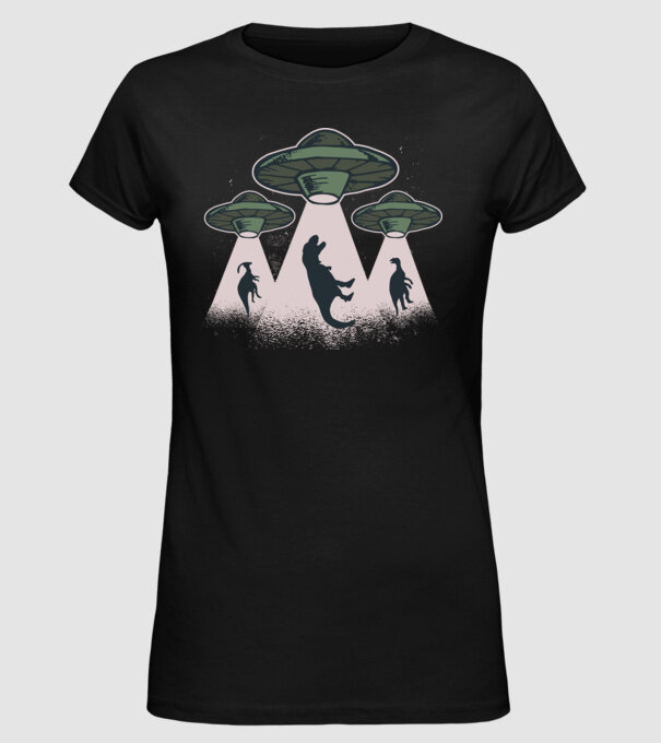 Alien OZN dinozaur model negru pe tricou