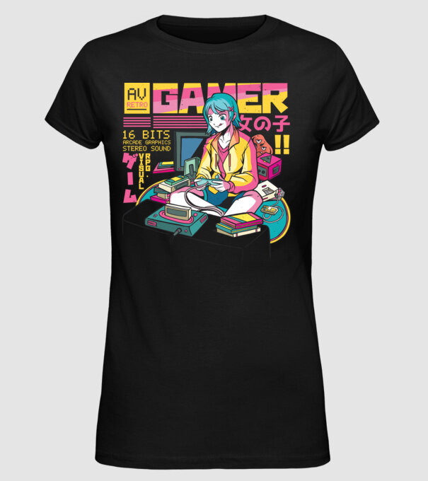 Anime fată Gamer model negru pe tricou