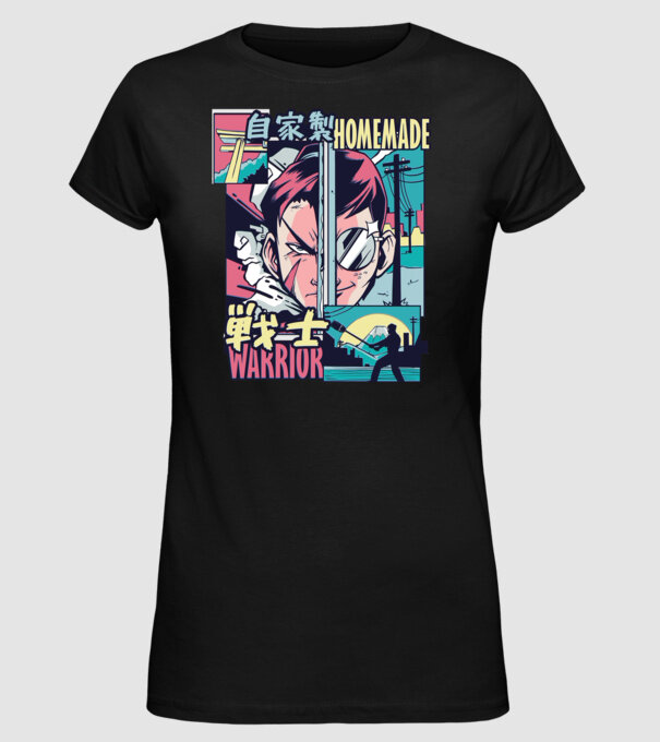 Anime Vaporwave Home Made Warrior model negru pe tricou