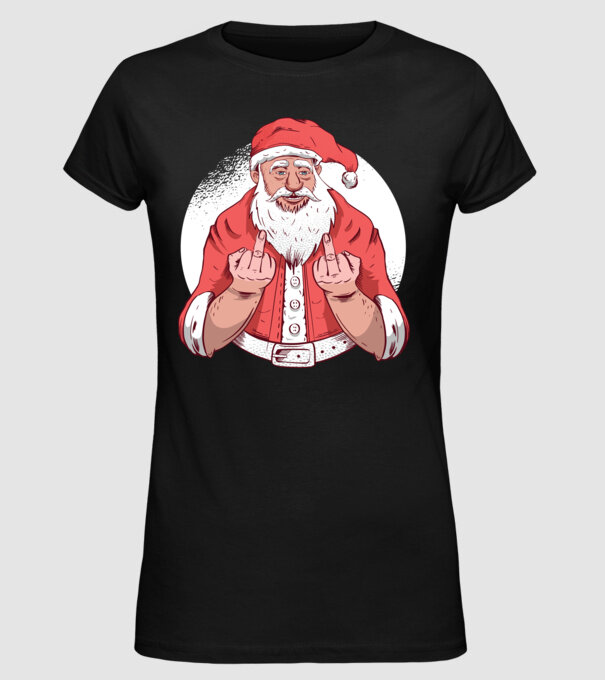 Moș Crăciun antisocial arată degetul model negru pe tricou