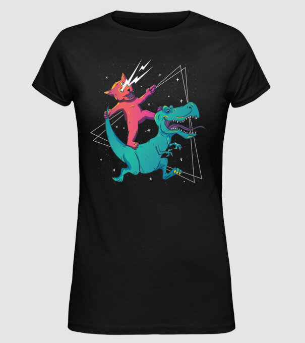 Pisică drogată pe dinozaur model negru pe tricou