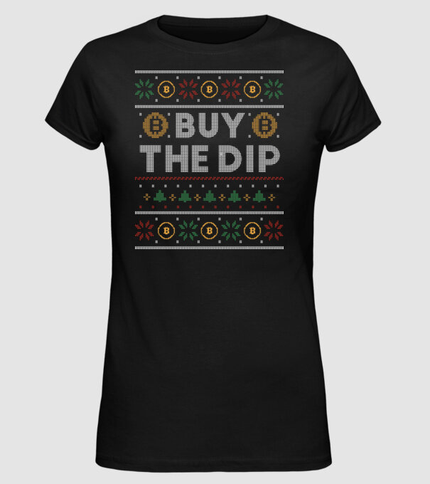Buy the Dip Bitcoin Ugly Sweater model negru pe tricou