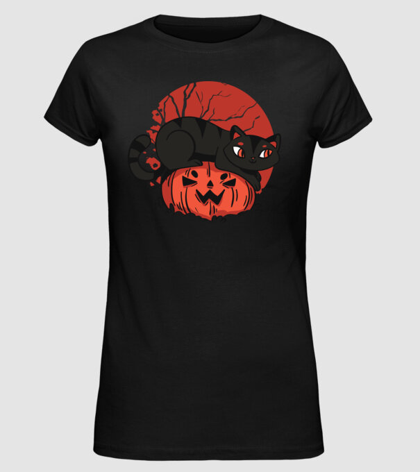 Pisică pe dovleac Halloween model negru pe tricou