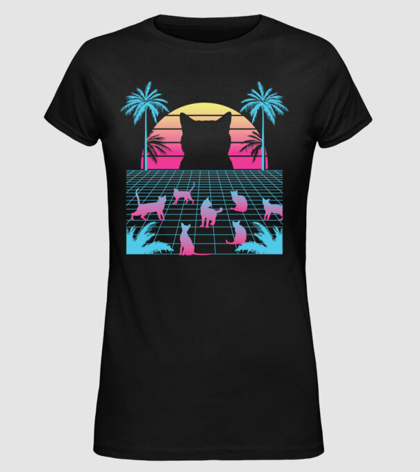 Pisică Vaporwave neon model negru pe tricou