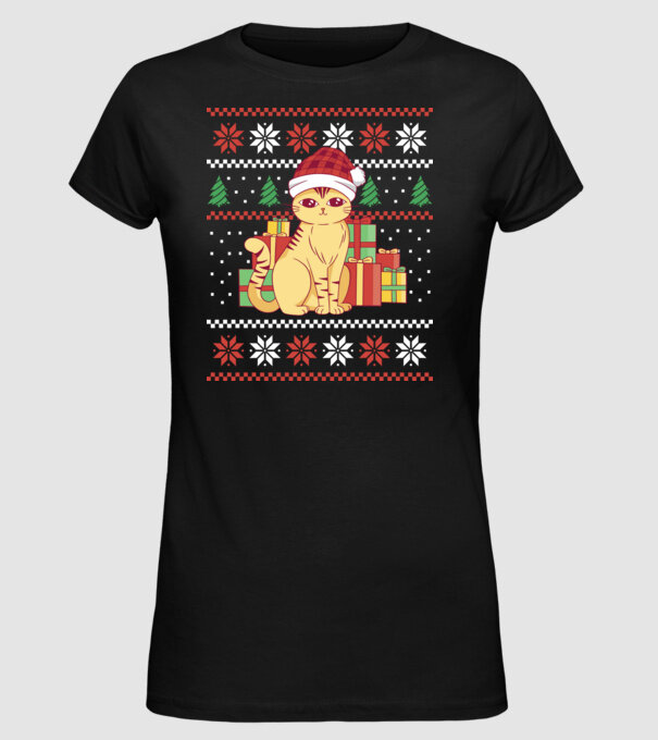 Pulover urât cu pisică model negru pe tricou