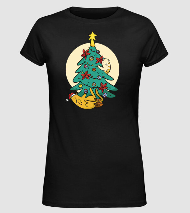 Crăciun cu pisică model negru pe tricou