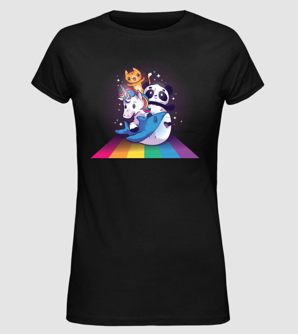 Animale drăguțe cu curcubeu model negru pe tricou