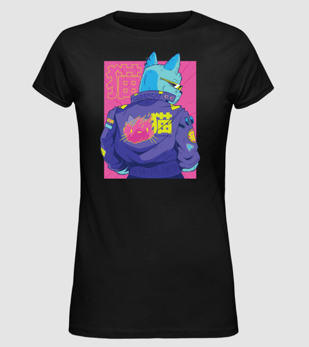 Pisică Cyberpunk model negru pe tricou