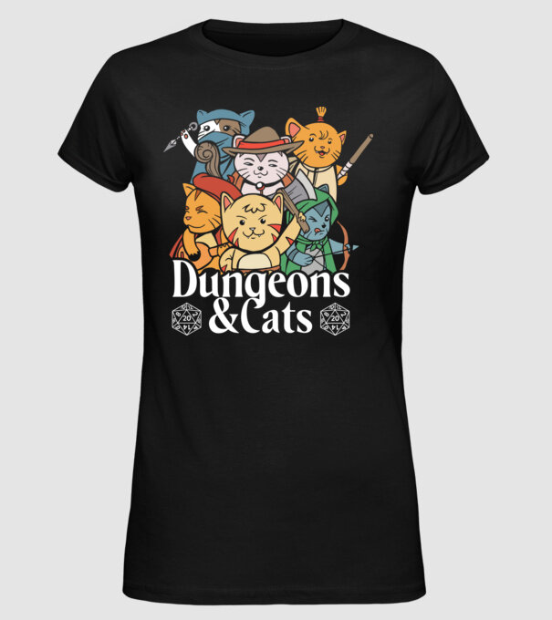 Dungeons and Cats - Joc de rol cu pisici model negru pe tricou
