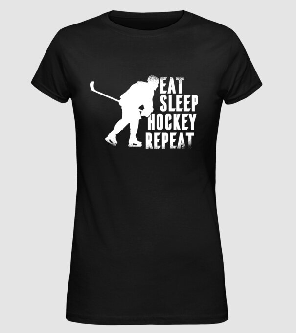 Eat Sleep Hockey Repeat model negru pe tricou