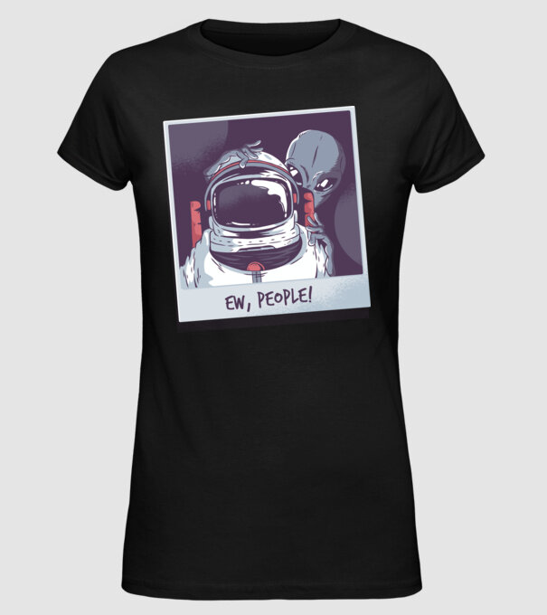 Ew, Oameni - Astronaut cu extraterestru model negru pe tricou