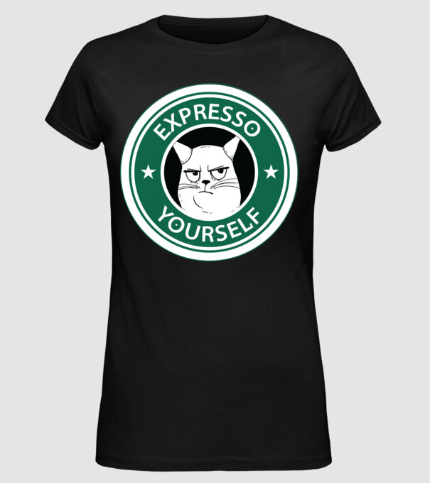 Expresso Yourself tricou Pisică cu cafea model negru pe tricou