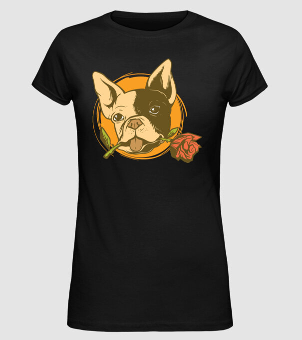 Bulldog francez cu trandafir model negru pe tricou