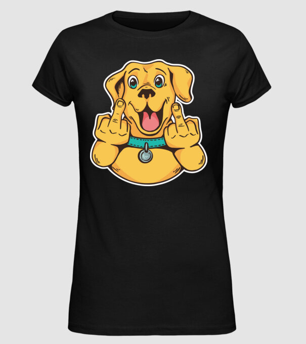 Golden Retriever arată degetul model negru pe tricou