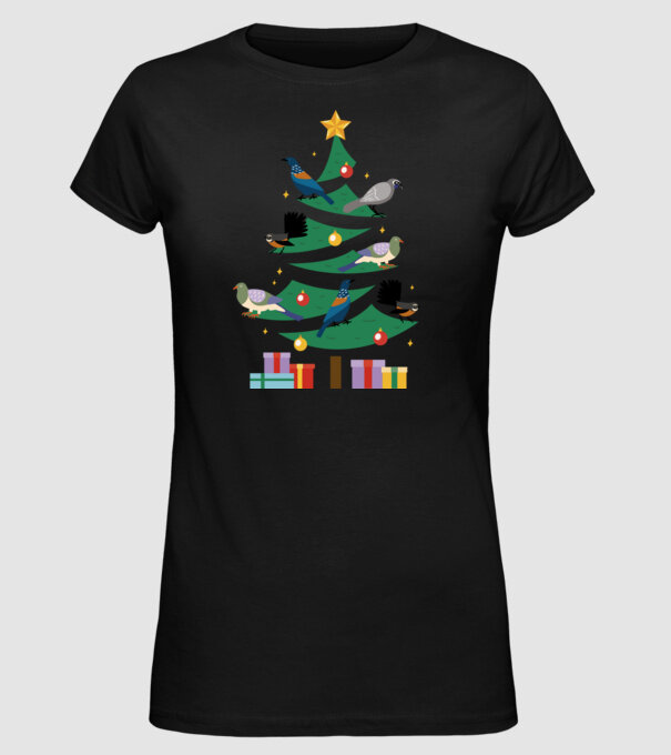 Pom de Crăciun cu păsări model negru pe tricou