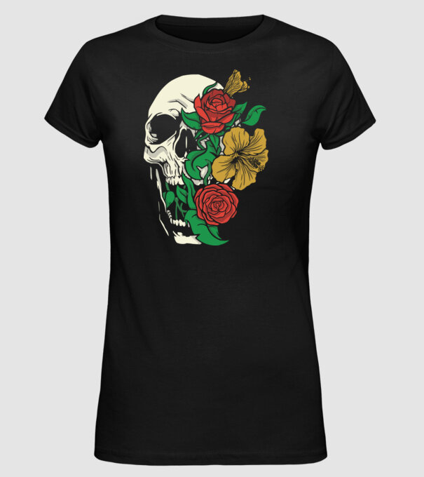 Trandafir craniu model negru pe tricou