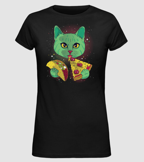 Pisică Cosmică Pizza și Taco model negru pe tricou