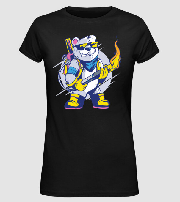 Urs cu aruncător de flăcări model negru pe tricou