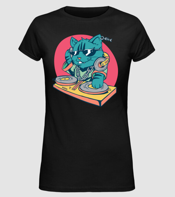 Pisică DJ model negru pe tricou