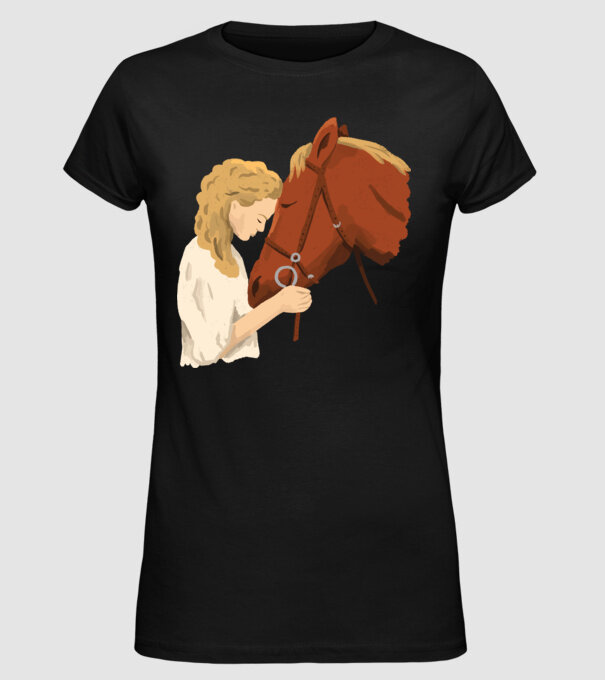 Fată cu cal model negru pe tricou