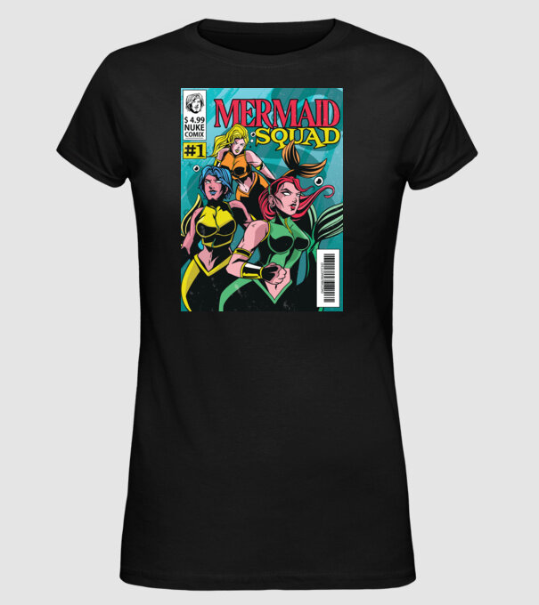 benzi desenate Mermaid Squad model negru pe tricou