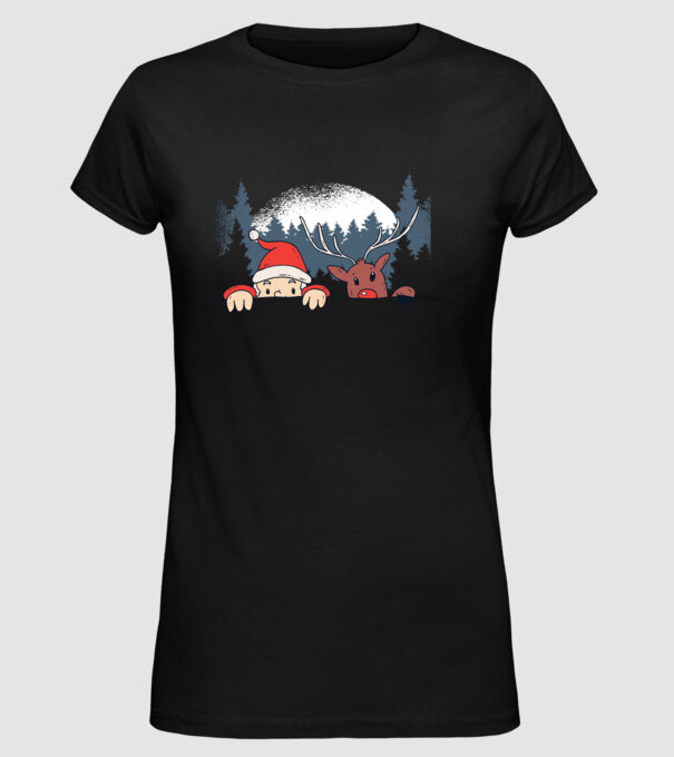 Moș Crăciun și Rudolf trag cu ochiul model negru pe tricou