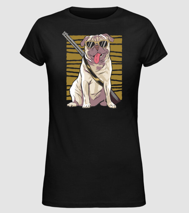 Mops cu pușcă tricou amuzant cu câine model negru pe tricou