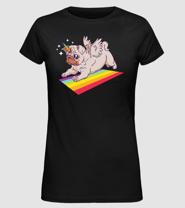 Mops unicorn model negru pe tricou