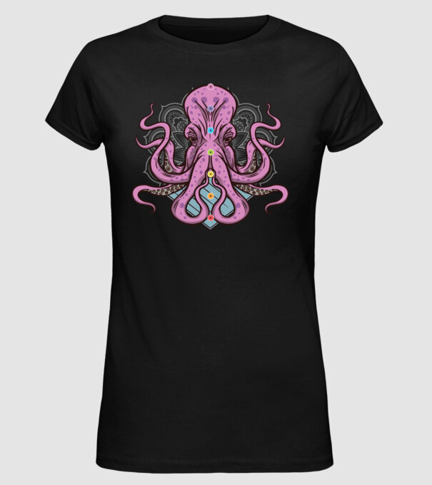 Yoga Octopus model negru pe tricou