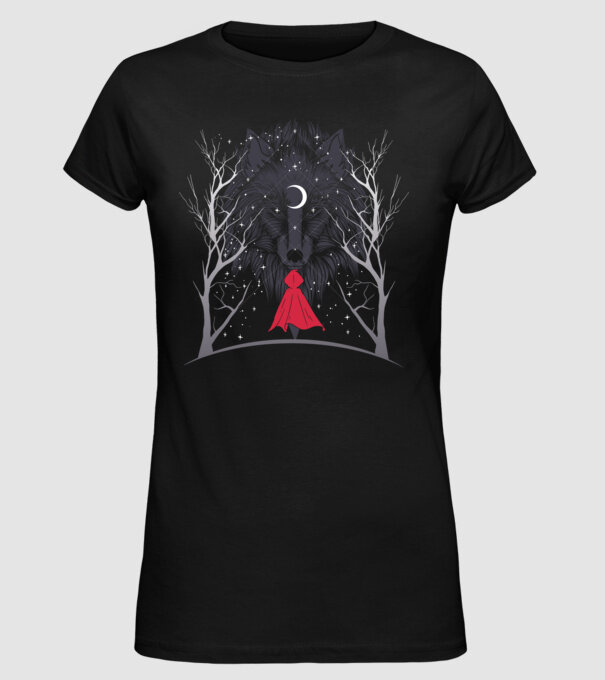 Scufița Roșie și Lupul noaptea tricou model negru pe tricou