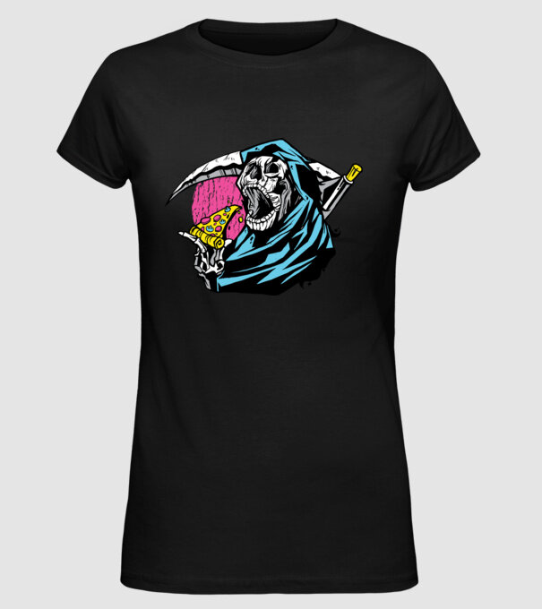 Om cu coasă și pizza model negru pe tricou