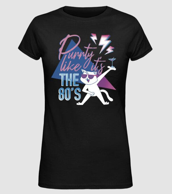 'Purrty Like it''s the 80''s' model negru pe tricou