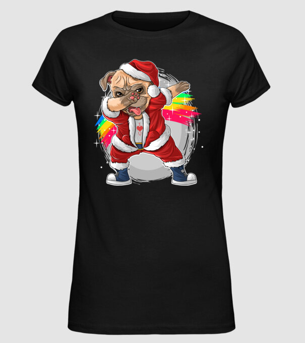 Santa Mops Moș Crăciun model negru pe tricou