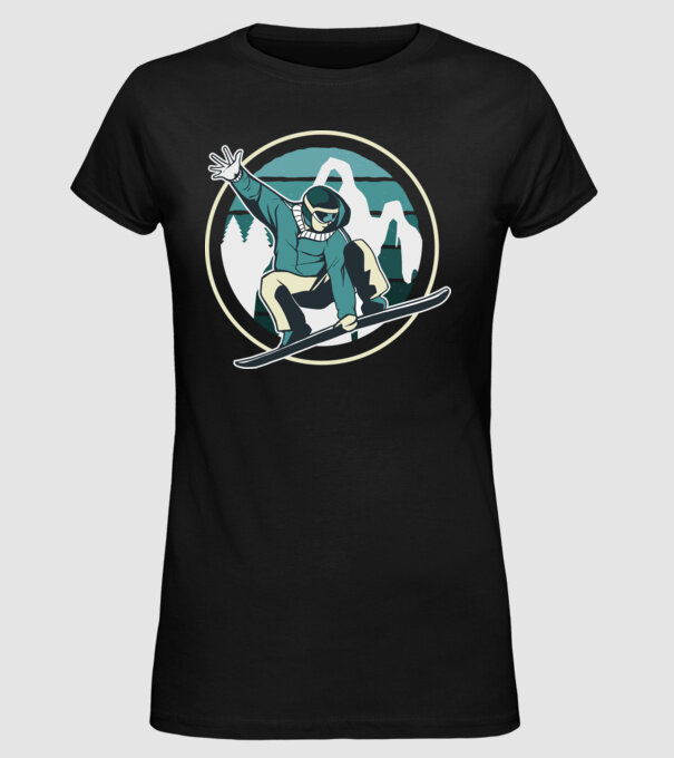 Săritură Snowboard model negru pe tricou