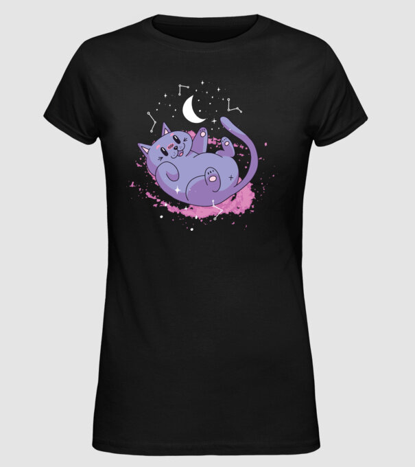 Space Cat - pisică drăguță în spațiu model negru pe tricou