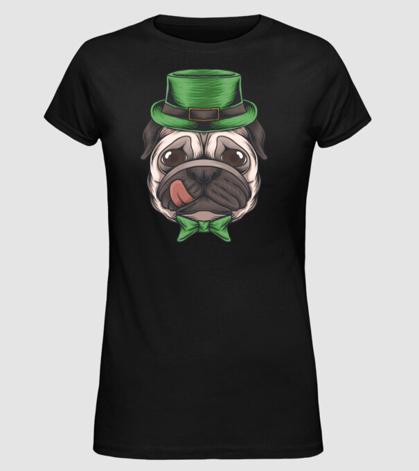 Mops Sfântul Patrick model negru pe tricou