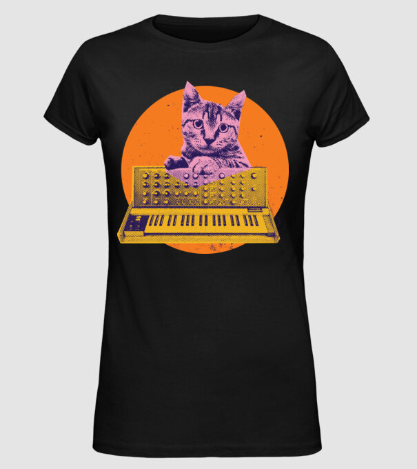 Pisică cu sintetizator model negru pe tricou