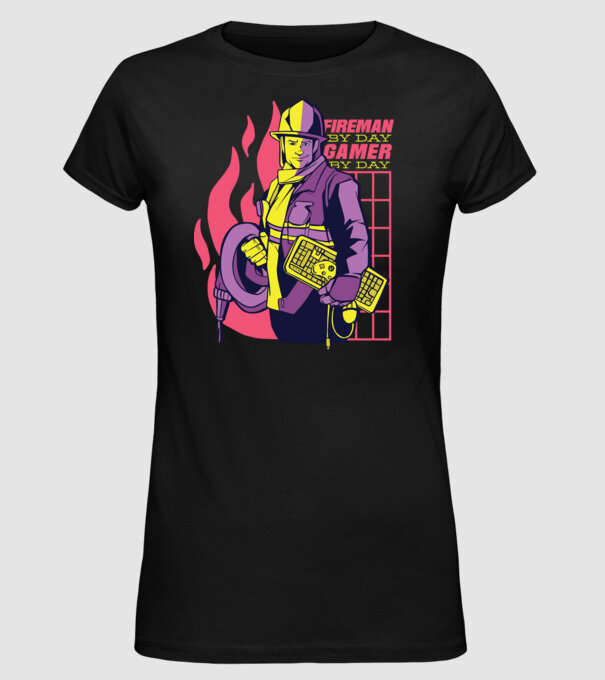 Pompier ziua, Gamer noaptea model negru pe tricou